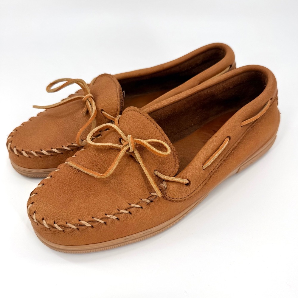 Minnetonka Moccasin Mens 9.5 Tan Good Moosehide Leather Whipstitch Slip On Shoe
